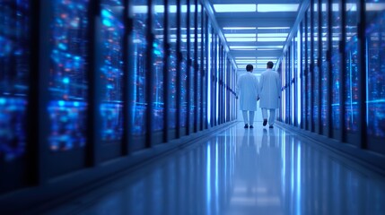 Futuristic AI server room filled with glowing neural networks, glass panels reflecting deep blue and white lights, cables connecting AI cores,
