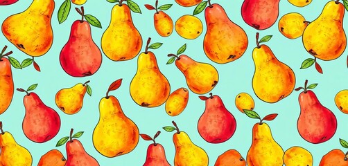 Vibrant hand-drawn pear pattern, colorful seamless background for wallpaper, vibrant, trendy