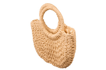 A beige straw bag isolated on a white background.