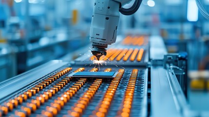 Robotic arm powered by AI assembling microchips on a conveyor belt, factory setting with high attention to mechanical details