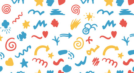 Playful Seamless Pattern with Hand Drawn Doodle Elements on White Background