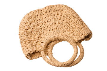 A beige straw bag isolated on a white background.
