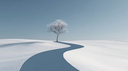 Obraz premium Solitary Winter Tree on a Snowy Landscape, A serene, winter landscape showcasing a lone tree covered in frost or snow against a pale blue sky.