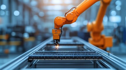 Robotic arm powered by AI assembling microchips on a conveyor belt, factory setting with high attention to mechanical details