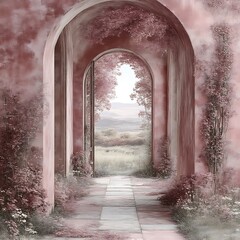 Pink arched pathway leading to a tranquil landscape