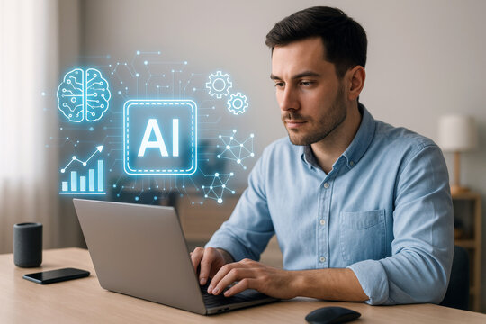 AI Collaboration at Work. Smart technology in action. Human-AI interaction for remote productivity. Digital tools enhancing everyday tasks. Modern workflow with machine learning. Innovation at home