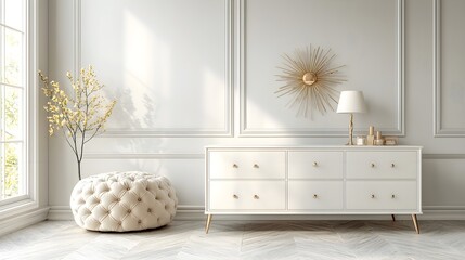 Modern Minimalist Interior with White Dresser and Gold Clock