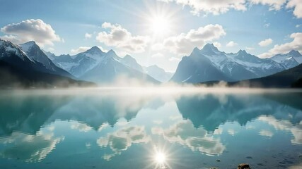 A serene lake reflects snow capped mountains under a bright sun and scattered clouds above them all