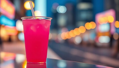 Vibrant pink beverage in clear plastic cup, city lights bokeh background,  social media,  visual