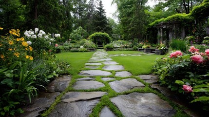 Lush garden path, stone walkway through vibrant flowerbeds