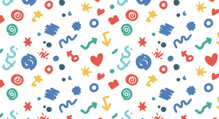 Playful Hand Drawn Doodle Pattern with Hearts Stars and Abstract Shapes on White