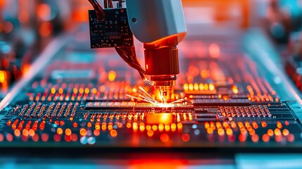 Robotic arm powered by AI assembling microchips on a conveyor belt, factory setting with high attention to mechanical details