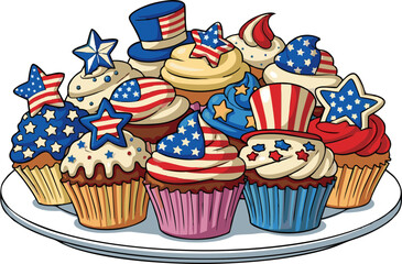 Patriotic Cupcakes Decorated with American Flags and Star-Shaped Sprinkles.