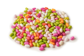 Sweet multicolored candies isolated on white background.