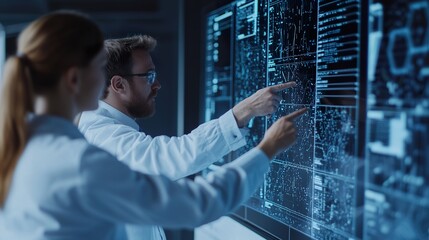 Team of engineers monitoring a massive transparent AI interface on a large screen inside a high-tech control room
