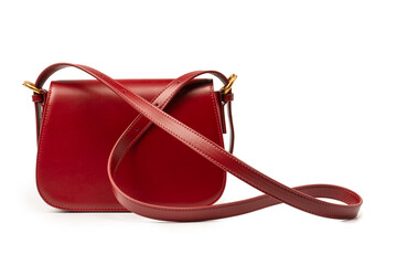 Burgundy shoulder leather bag isolated on white background.