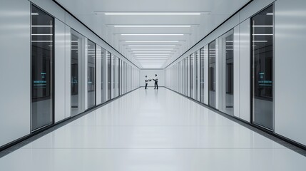 Wide-angle view of a futuristic AI research lab, glass walls, robotic arms assembling AI chips