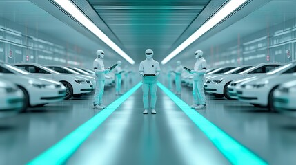 Wide-angle view of a futuristic AI research lab, glass walls, robotic arms assembling AI chips