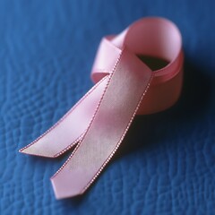 Pink awareness ribbon on a blue background.  A symbol of support for breast cancer awareness