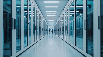 Wide-angle view of a futuristic AI research lab, glass walls, robotic arms assembling AI chips