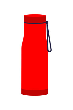 Red water bottle with black cap and carrying strap isolated on white background. Sleek reusable drink container for hydration, fitness, sports, outdoor activities and eco-friendly lifestyle concept