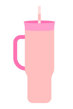 High-resolution PNG of a pink travel mug with handle and straw, isolated on transparent background. Ideal for coffee, tea, travel, morning routine, lifestyle, or beverage-themed design projects
