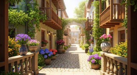 Fototapeta premium Sunlit cobblestone street lined with colorful flowers and charming buildings