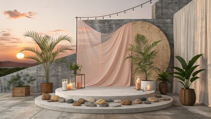 Serene Sunset Rooftop Ceremony: Minimalist Bohemian Decor, Peach Drape, Concrete Stage, Tropical Plants, Candles, and Stones.