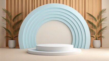 Pastel Blue Archway Product Display with Two Potted Plants, Minimalist Beige Background, Modern Clean Aesthetic, Two-Tiered White Pedestal, Elegant and Serene Mood.