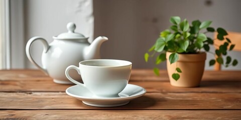 Fototapeta premium White teacup, teapot, & green plant on rustic wooden table Minimalist setting, cup, herbal