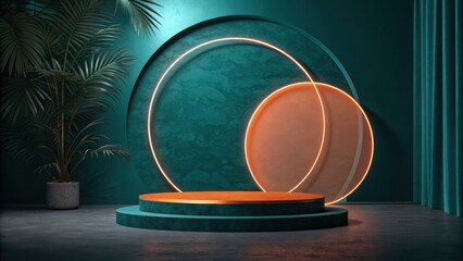 Teal and Orange Modern Product Display Platform with Tropical Plant and Neon Accents