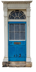 A worn and weathered blue Georgian style door with classical style pillars, as fanlight and worn stone steps