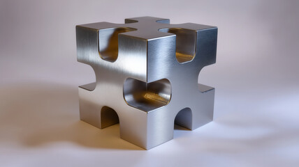 Minimal silver color D cube made entirely of interlock jigsaw puzzle pieces with smooth metallic texture and modern design