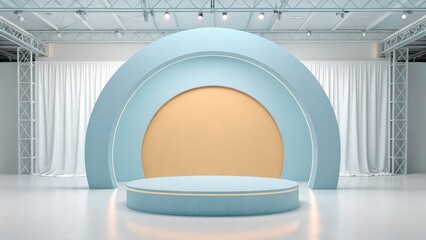 Modern Minimalist Pastel Blue Product Display Platform with Arch and White Curtains in Studio Setting