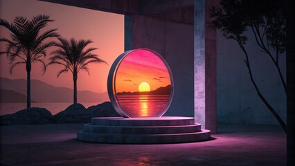 Sunset Seascape: Minimalist Concrete Platform with Circular Portal, Palm Trees, Vibrant Pink and Orange Hues, Tranquil Mood.