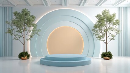 Modern minimalist stage with pastel blue tiered podium and trees in copper planters