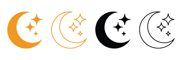 Crescent moon with twinkling stars in varied line art and color styles offers celestial charm.