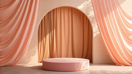 Serene Peach Draped Studio Backdrop: Minimalist Product Display Platform with Archway and Sunlight