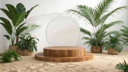 Serene Minimalist Tropical Product Display: Wooden Platform, Palm Plants, Sand, White Background