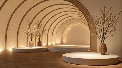 Serene Minimalist Archway Interior:  Warm Lighting, Wooden Accents, Elegant Floral Arrangements, Tranquil Mood.