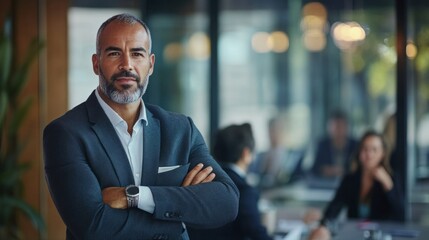 Fototapeta premium Executive leading a team discussion, arms crossed, standing with authority, corporate boardroom background generative ai