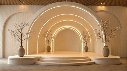 Modern Minimalist Archway Stage with Warm Lighting and Dried Floral Arrangements