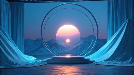 Serene Sunset: Minimalist Product Display with Blue Drapes and Geometric Archway