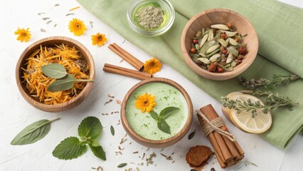 Serene Herbal Wellness Bowl:  Calming Green Smoothie with Calendula, Sage, and Cinnamon,  Artisan Wooden Bowls,  Spa-Like Atmosphere,  Natural Ingredients,  Relaxing Mood,  Healthy Lifestyle Concept.