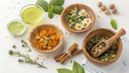 Serene Herbal Wellness: Dried Flowers, Herbs, and Spices in Wooden Bowls, Flat Lay Photography