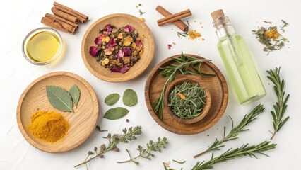 Natural ingredients for skincare and aromatherapy including herbs spices oil and botanical extracts