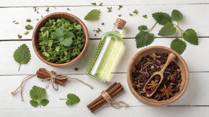 Natural herbal ingredients and essential oil in glass bottle with cinnamon sticks and star anise