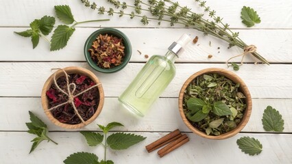 Natural herbal ingredients and essential oil spray for aromatherapy and natural remedies