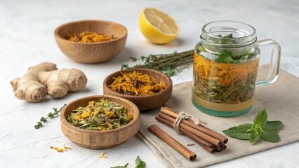 Herbal remedy ingredients including ginger dried herbs calendula cinnamon lemon and mint in wooden bowls and a mason jar