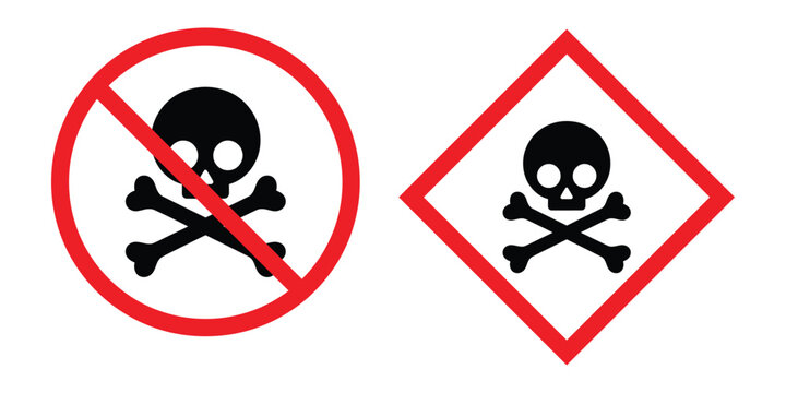 Danger warning symbols showcase toxicity and potential harm, alerting to hazardous materials and the need for caution with skull and crossbones.
